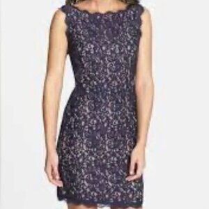 Adrianna Papell Boatneck Navy Blue Lace Sheath Dress Cocktail Dress - Size 4